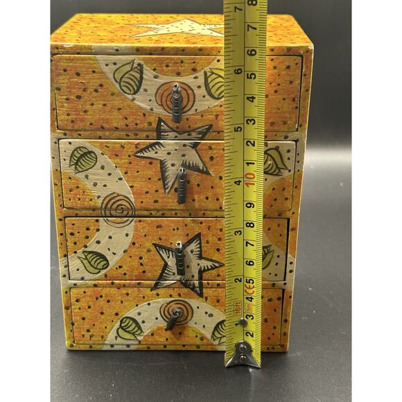 Vintage Folk Art Hand Painted Wooden 4 Drawers Jewelry Box 6.25” Tall Peru - Picture 7 of 9